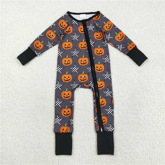 X830  LR2464 Halloween Star Pumpkin Gray Zippered Long-Sleeved Bodysuit
