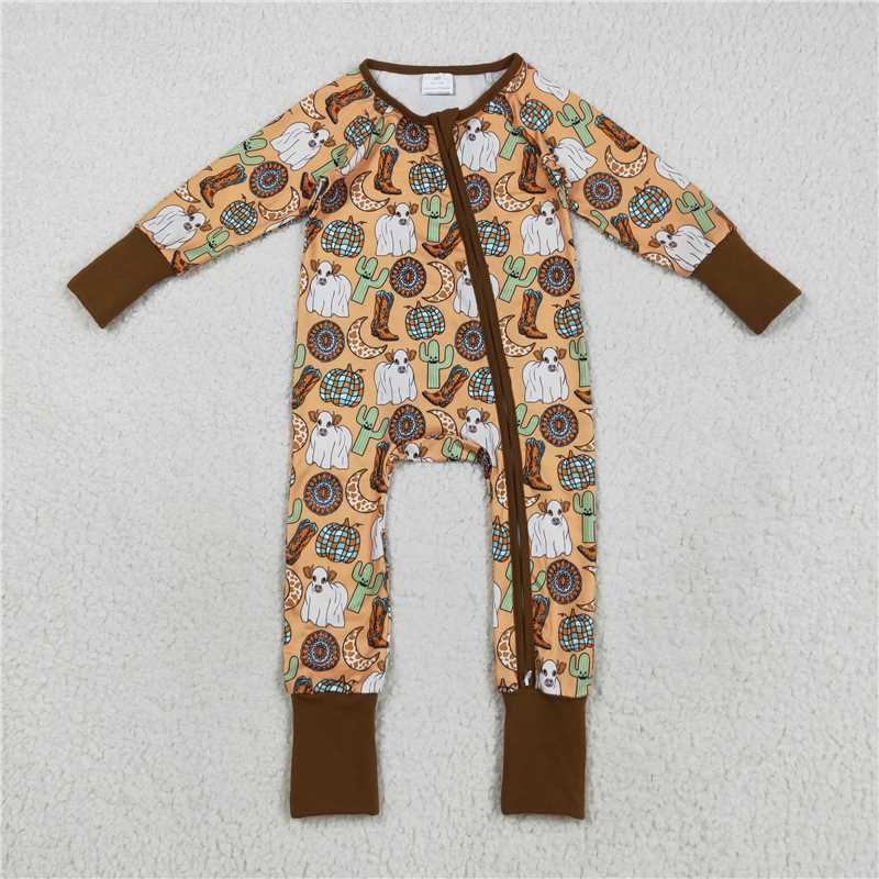 X830  LR2463 Halloween Cow Cactus Boots Moon Pumpkin Brown Zippered Long-Sleeved Bodysuit