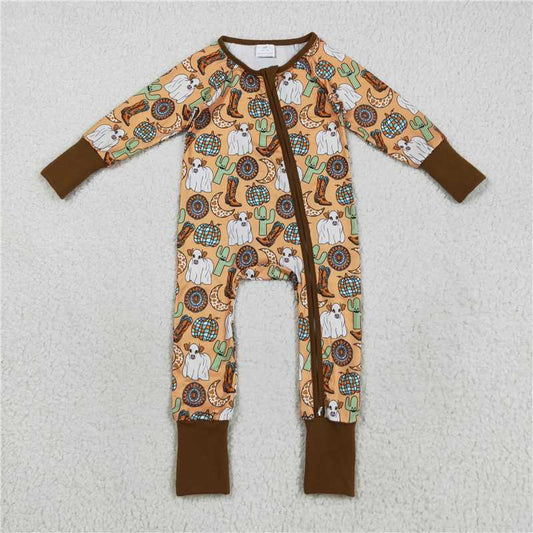 X830  LR2463 Halloween Cow Cactus Boots Moon Pumpkin Brown Zippered Long-Sleeved Bodysuit