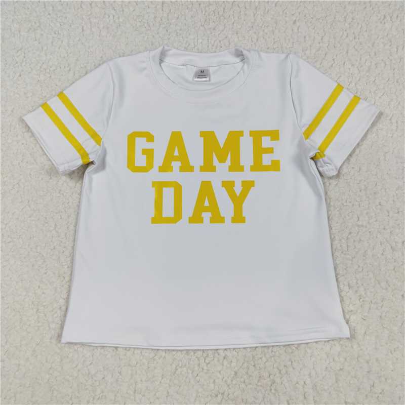 X828 GT1115 Game Day white yoga short-sleeved top with bright yellow offset print and stripes