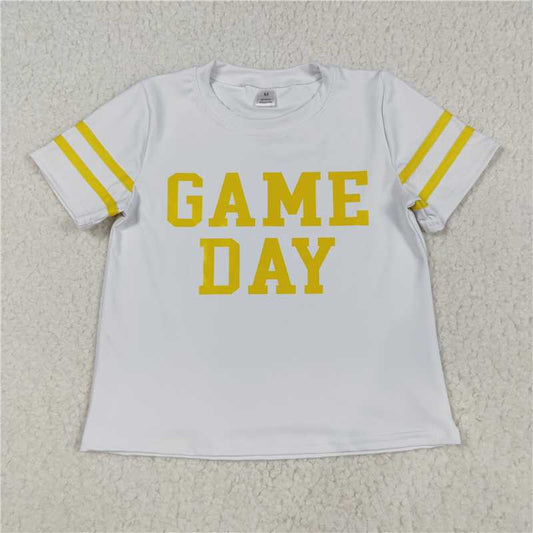 X828 GT1115 Game Day white yoga short-sleeved top with bright yellow offset print and stripes
