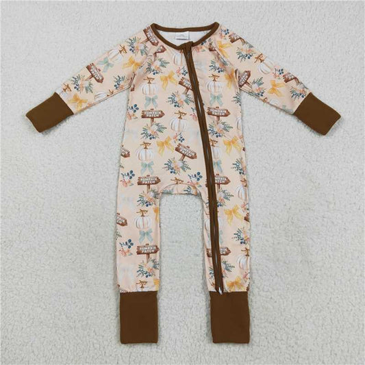 X829 LR2462 Pumpkin patch bow pattern yellow-brown zip-up long-sleeved bodysuit