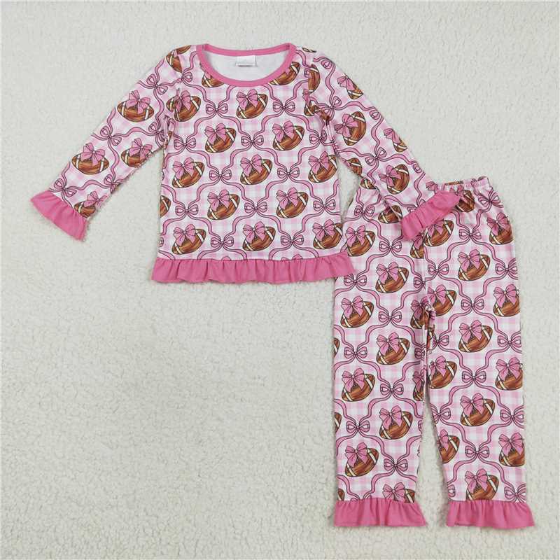 X828  GLP2535 Pink lace plaid long-sleeved trousers and rugby bow pattern pajama set