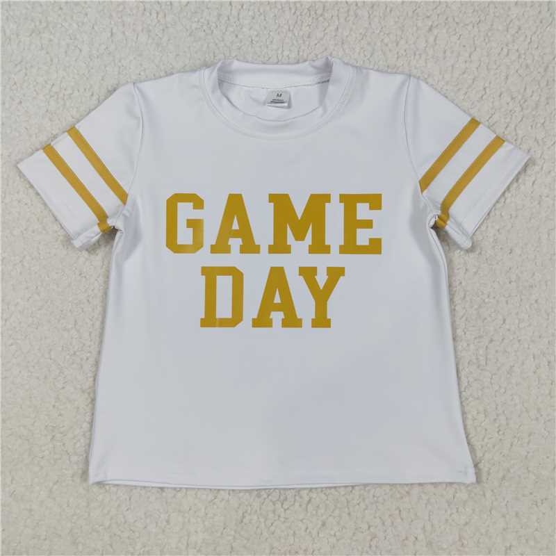 X828  GT1101 Game Day white yoga short-sleeved top with gold offset print and stripes
