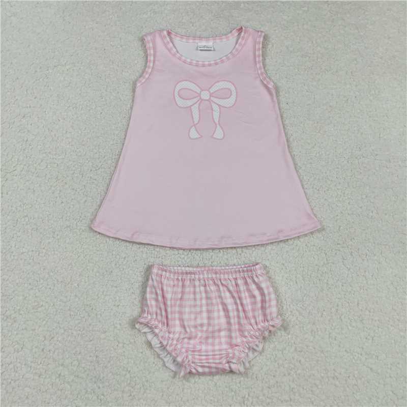 X829  GBO0469 Pink Sleeveless Plaid Bow Pattern Briefs Set