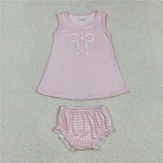 X829  GBO0469 Pink Sleeveless Plaid Bow Pattern Briefs Set