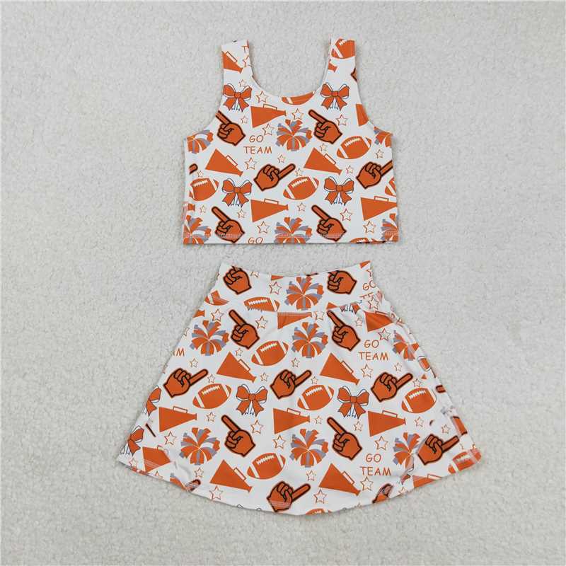 X829 GSD2695 GO TEAM orange hand gesture trumpet star and bow pattern sleeveless skirt yoga set