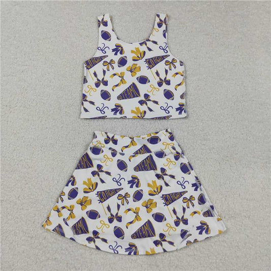 X829 GSD2690 Go Fight Purple Flared Bow Pattern Sleeveless Skirt Yoga Set