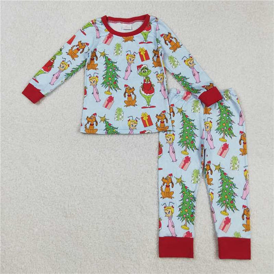 X901  BLP1189 Grinch Boys Puppy Christmas Tree Blue Long-Sleeved Pants Pajama Set