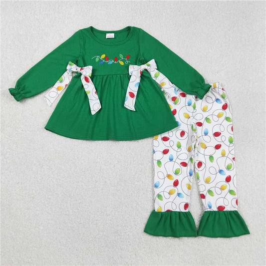 X829 GLP2491 Embroidered Christmas Lights Bow Green Long-Sleeve White Pants Set