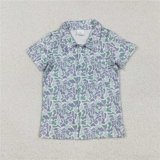 X830 BT1299 Puppy Grass Beige Button-Neck Short-Sleeved Top