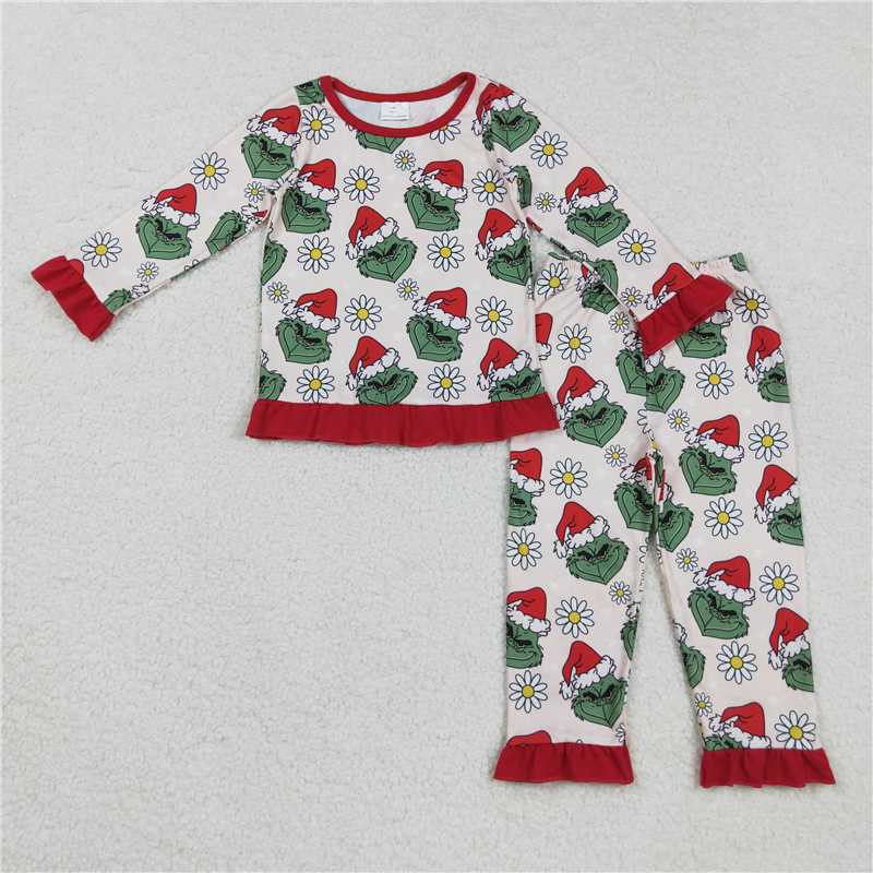 X829  GLP2635 Grinch Red Floral Lace Pink Long-Sleeved Pants Pajama Set