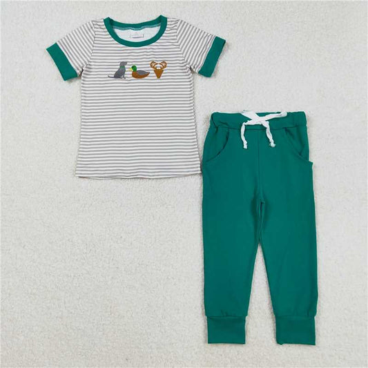 x12.11 BSPO0154 Embroidered Dog, Duck, and Deer Gray and White Striped Short-Sleeve Green Trousers Set
