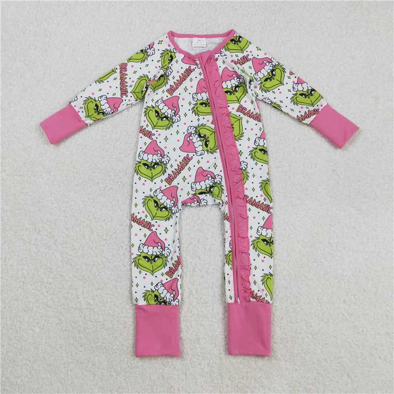 X829  LR2495 Dramatic Grinch Pink Lace Zipper Long-Sleeved Bodysuit
