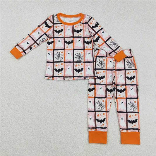 X828 GLP2682 Halloween Ghost Bat Spider Mesh Pink and Orange Long Sleeve Pants Pajama Set