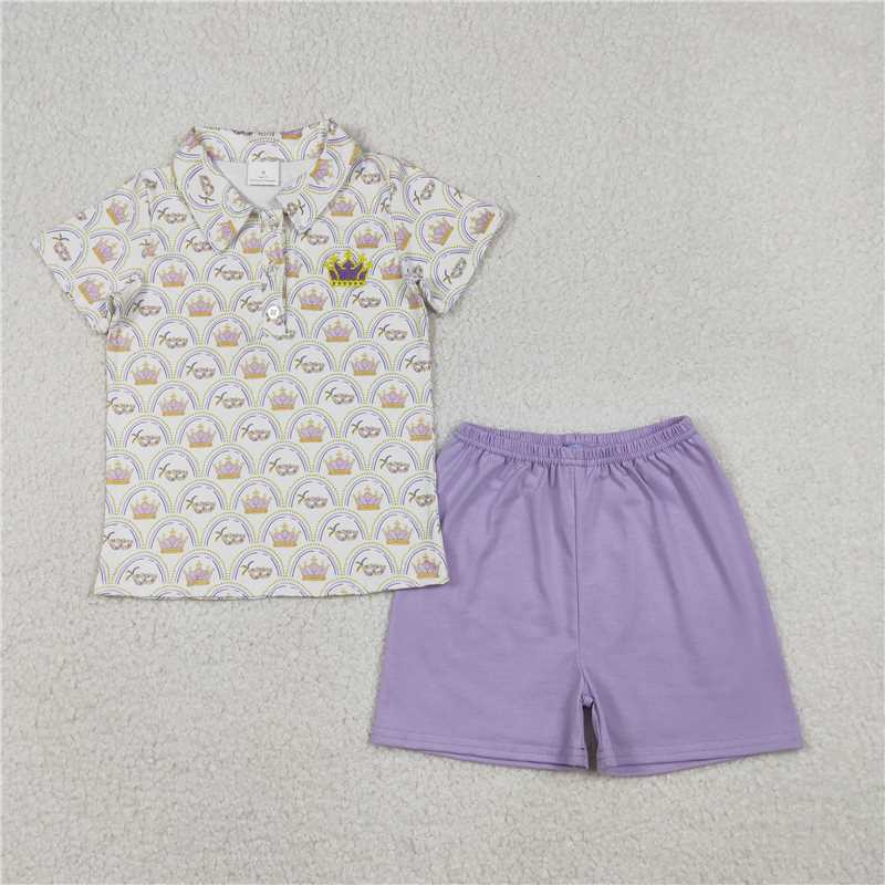 X1.10 BSSO1565 Embroidered Carnival Crown Mask Button-Down Collar Short-Sleeved Purple Shorts Set