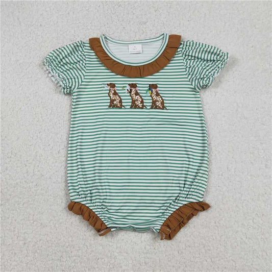 X12.26  SR3404 Embroidered Duck and Spotted Dog Brown Lace Green Striped Short-Sleeve Jumpsuit