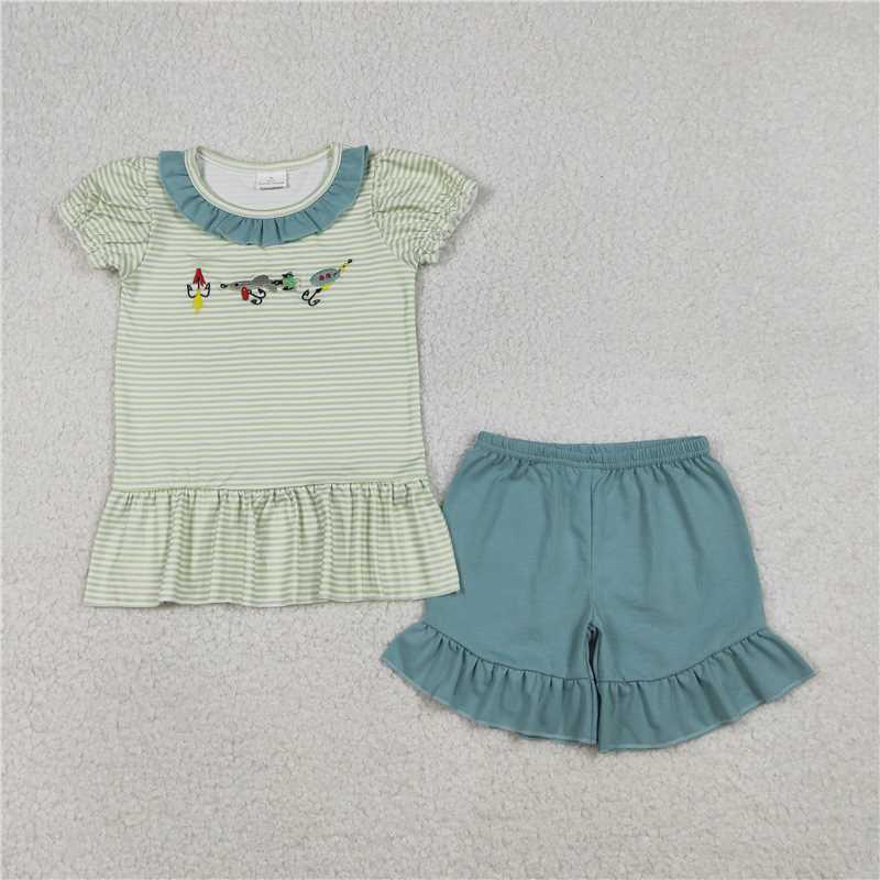 X12.29  GSSO2792 Embroidered Fishing Bait Trim Green Striped Short-Sleeve and Shorts Set