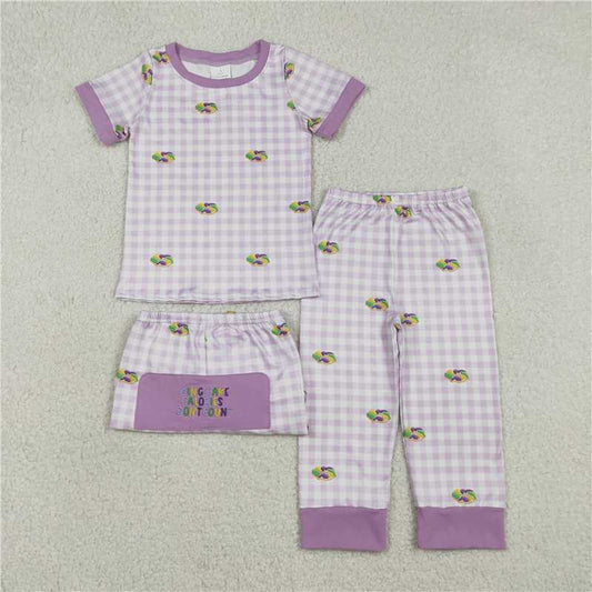 X1.2 BSPO0630 Embroidered Carnival Donut Purple Plaid Short-Sleeve Pajama Set