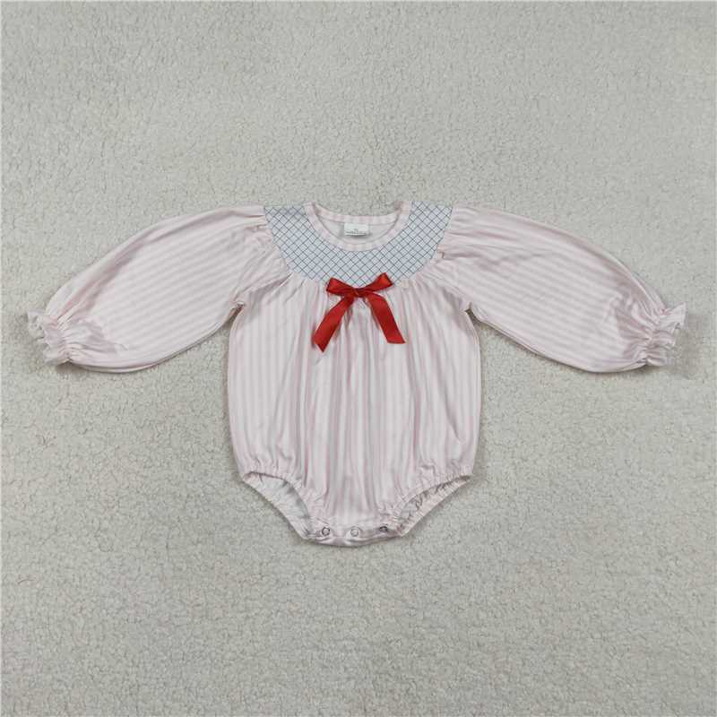 LR2773 Embroidered Red Bow Pink Striped Long-Sleeved Jumpsuit