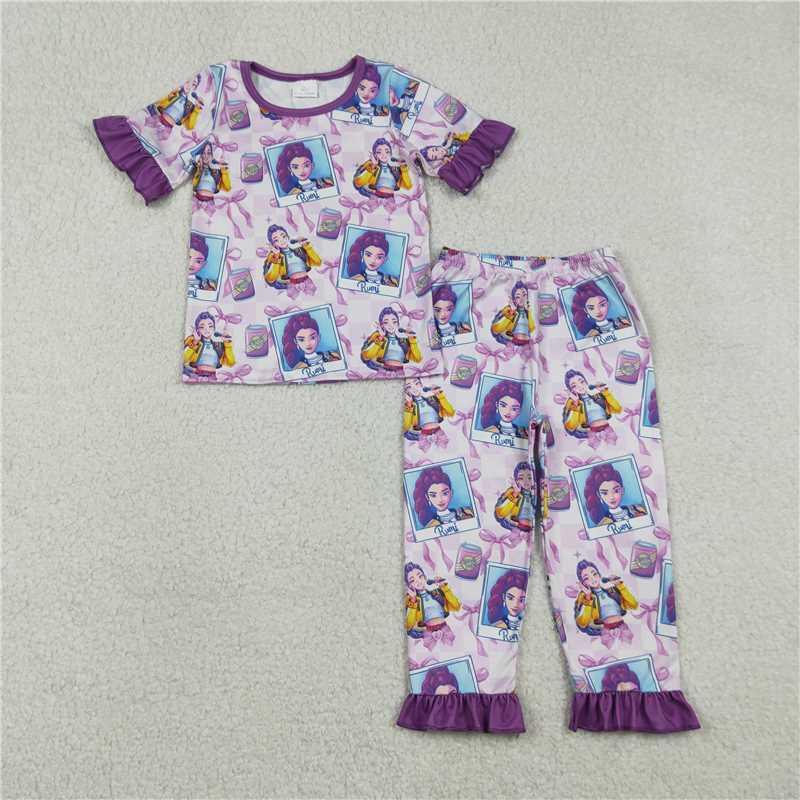 X1.7  GSPO2228 Kpop Photo Bow Pattern Plaid Purple Lace Short-Sleeve Pants Pajama Set