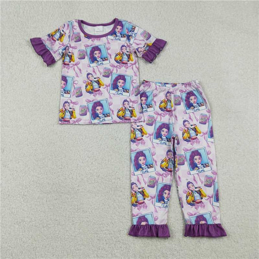 X1.7  GSPO2228 Kpop Photo Bow Pattern Plaid Purple Lace Short-Sleeve Pants Pajama Set