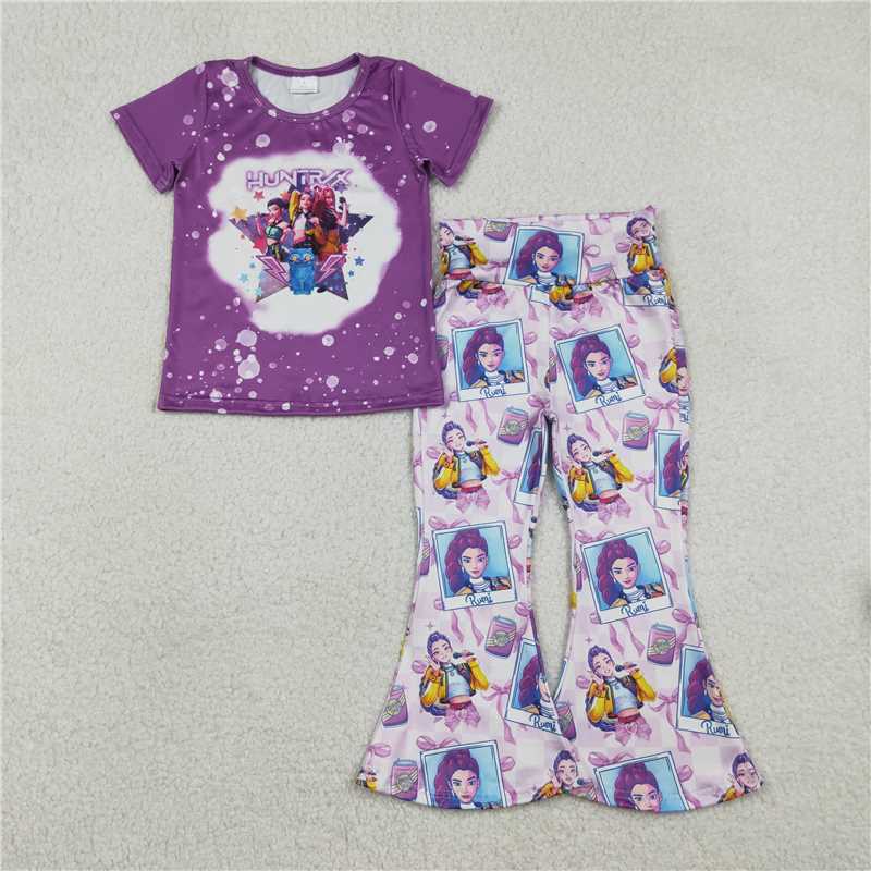 X1.7 GSPO2227 Purple Short-Sleeve Kpop Photo Bow Pattern Plaid Pants Set