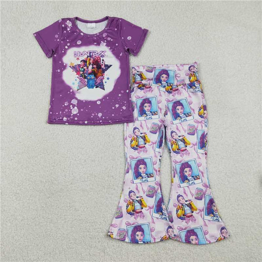 X1.7 GSPO2227 Purple Short-Sleeve Kpop Photo Bow Pattern Plaid Pants Set