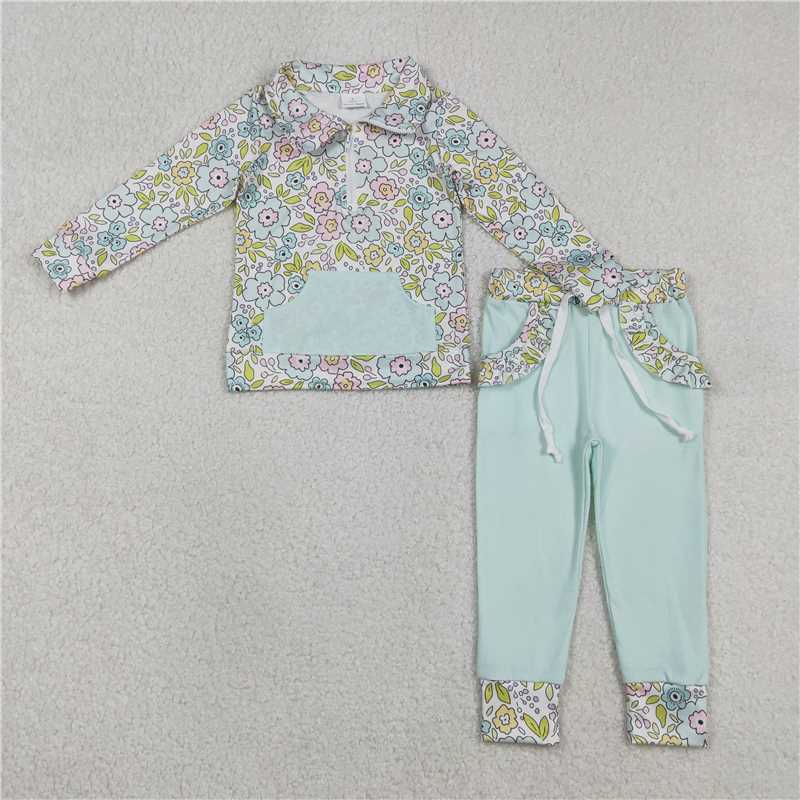 X1.8 GLP3278 Colorful Floral and Leaf Blue-Green Pocket Zipper Long-Sleeve Pants Set