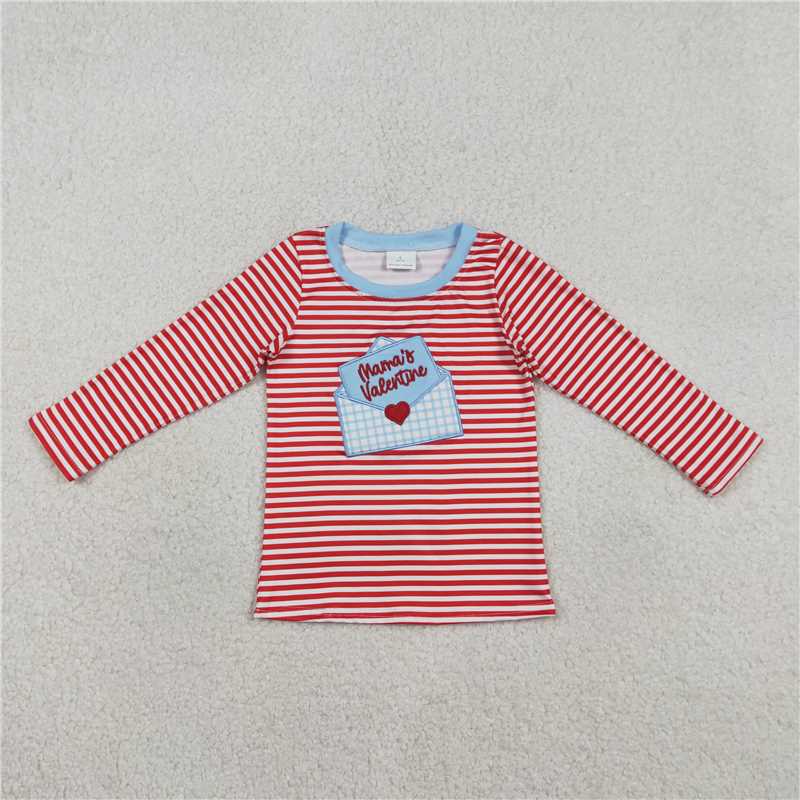 X1.1 BT1574 Embroidered Mama's Valentine Love Letter Envelope Red Striped Long-Sleeved Top