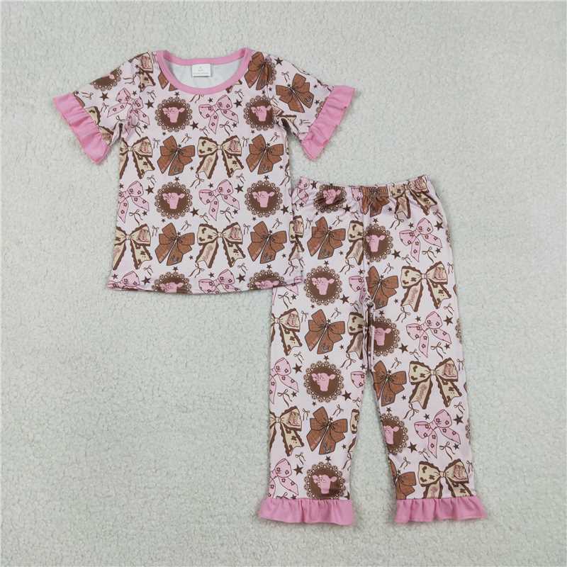 X1.7  GSPO2244 Pink Lace Short-Sleeve Pajama Set with Bull Head Star and Bow Pattern