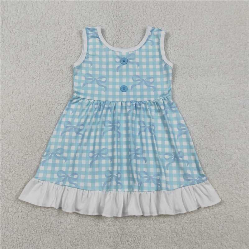 X1.7 GSD3144 Blue Bow Pattern Plaid Button Sleeveless Dress