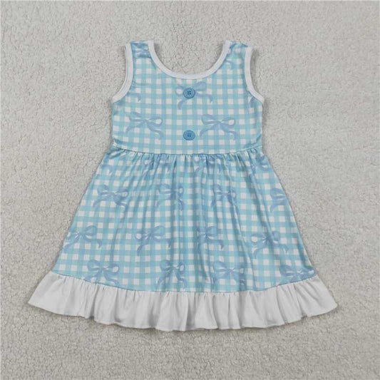 X1.7 GSD3144 Blue Bow Pattern Plaid Button Sleeveless Dress