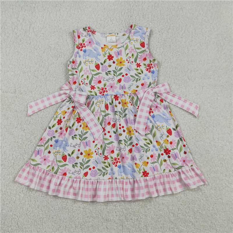 X1.7  GSD3405 Bunny Flower Strawberry Pink Plaid Lace Bow Sleeveless Dress