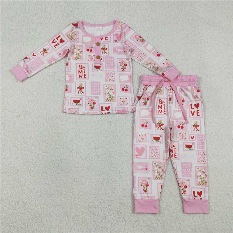 X1.8 GLP2946 Love Heart Flower Cherry Checkered Square Pink and White Long-Sleeved Pants Pajama Set