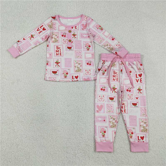 X1.8 GLP2946 Love Heart Flower Cherry Checkered Square Pink and White Long-Sleeved Pants Pajama Set