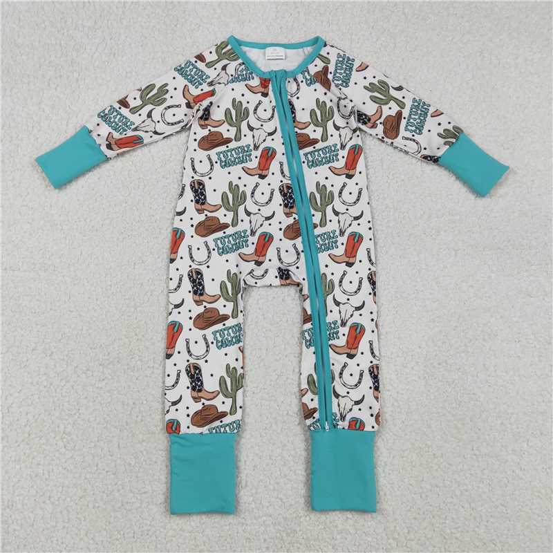 X1.5  LR2944 future cowboy alpine bull head cactus boots beige zip-up long-sleeved jumpsuit
