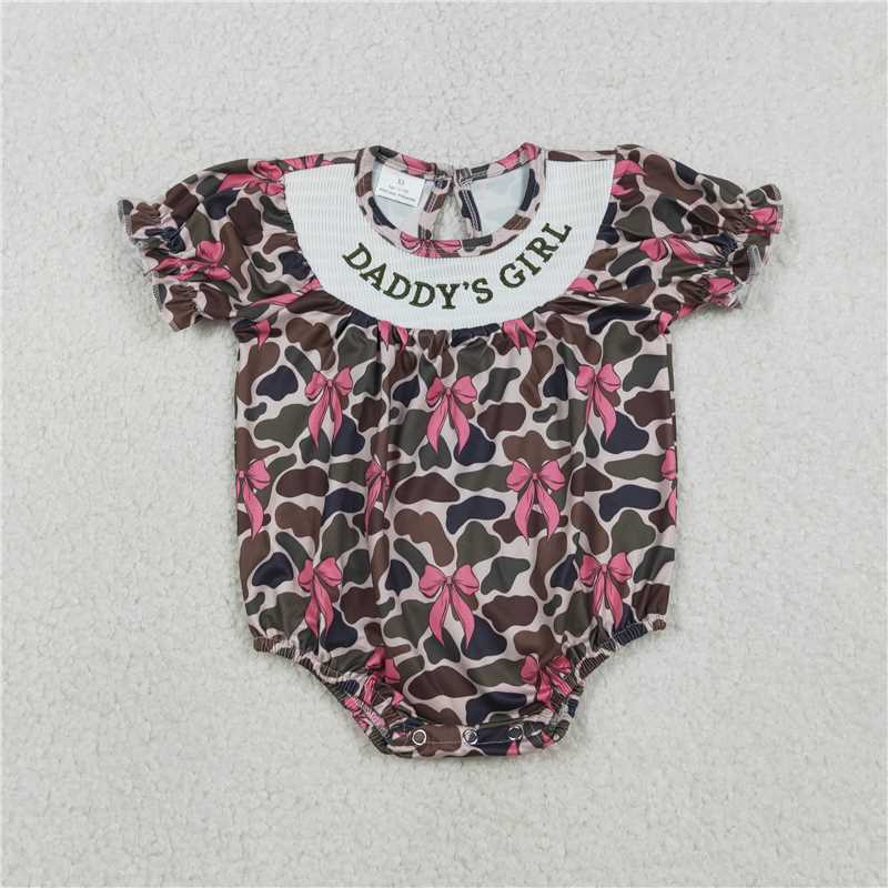 SR3105 Embroidered Daddy's Girl Bow Pattern Camouflage Short-Sleeve Jumpsuit