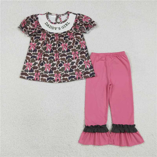 X1.7  GSPO2025 Embroidered Daddy's Girl Bow Pattern Camouflage Short-Sleeve T-Shirt and Pants Set