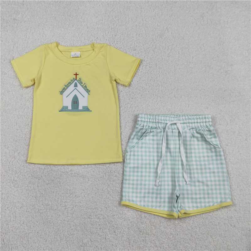 X1.10 BSSO1740 Embroidered Cross Yellow Short-Sleeve T-Shirt and Green Plaid Shorts Set