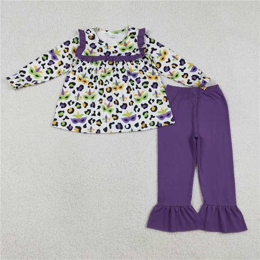 X1.8 GLP2869 Carnival Mask Leopard Print Purple Lace White Long-Sleeved Trousers Set
