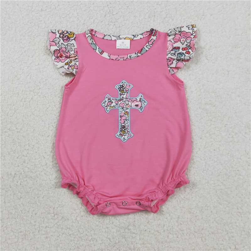 SR3845 Embroidered Floral Cross Pink Vest Jumpsuit