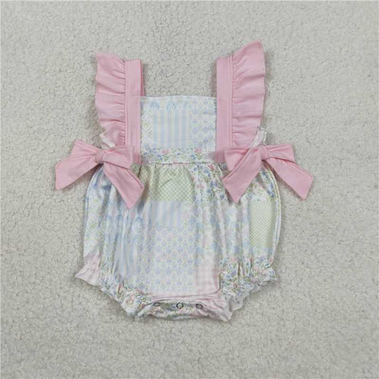 SR3675 Floral print, plaid, striped, pink lace-trimmed, bow-tie vest/bodysuit