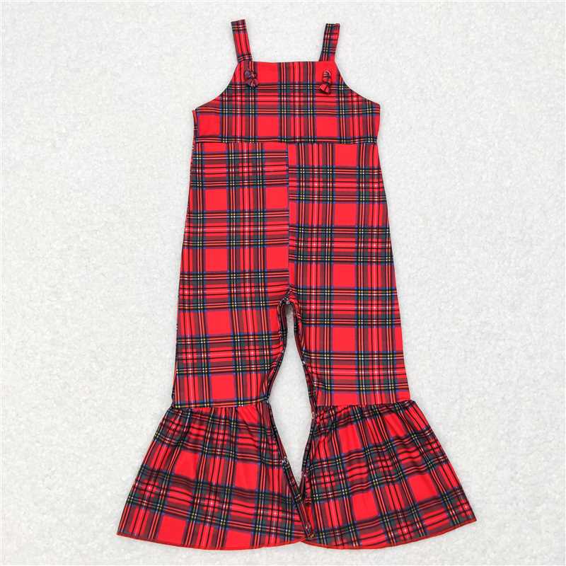 SR0479 Red and green plaid suspender jumpsuit