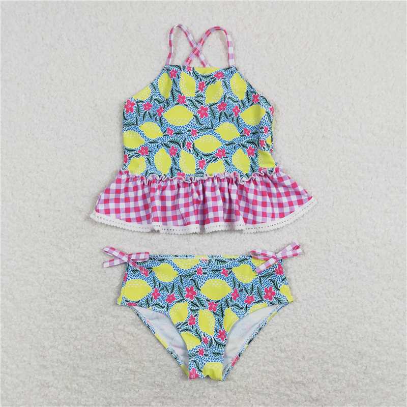 S0219 Lemon pink and white plaid lace swimsuit set