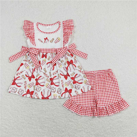 GSSO0516 Bow Baseball Peanut Popcorn Red and White Plaid Bow Short Sleeve Suit