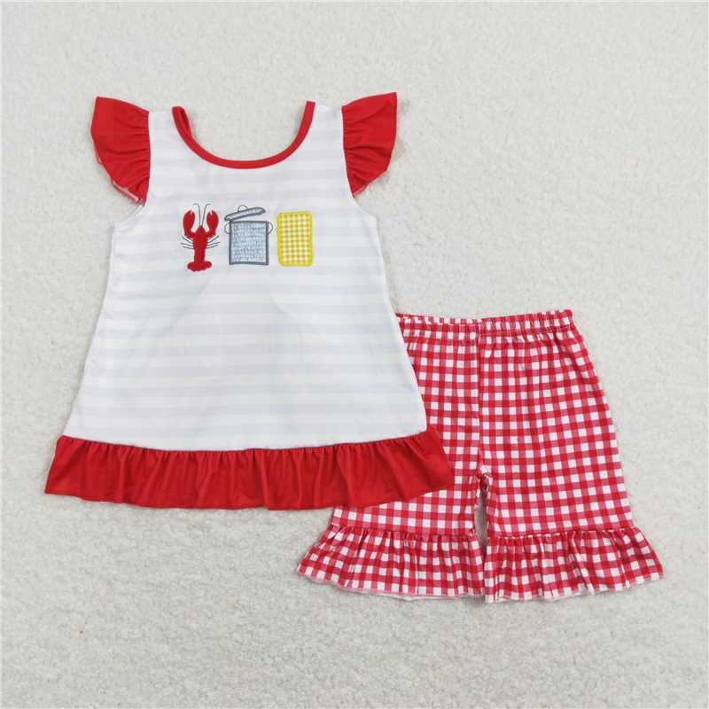 GSSO0455 Embroidered crayfish corn striped bow flying sleeve red and white plaid shorts suit