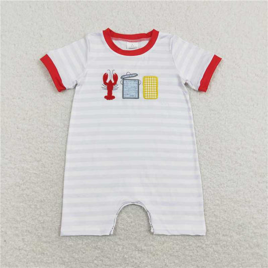 SR0744 Embroidered Crayfish and Corn Striped White Short Sleeve Jumpsuit