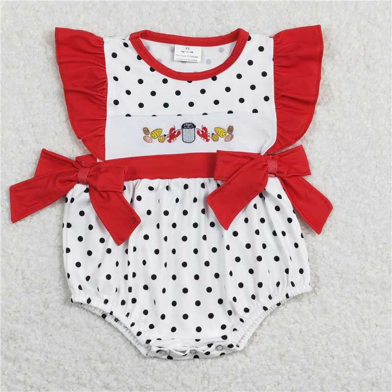 SR0742 Embroidered corn crayfish red lace bow polka dot jumpsuit