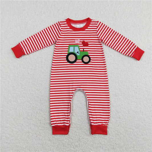 LR0846 Embroidery Love Tractor red and white striped long-sleeved jumpsuit